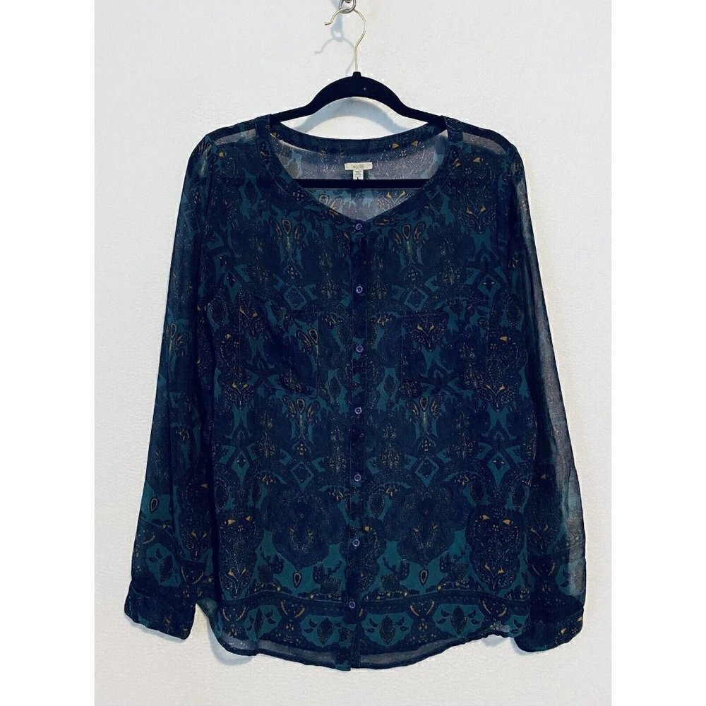 Urban Outfitters Ecote Blouse Womens Large Paisley Print Blue Green Sheer Boho